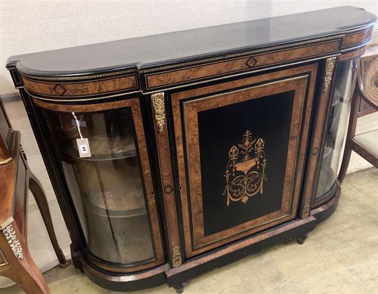 A late Victorian gilt metal mounted ebonised and birds eye maple credenza, width 148cm, depth 36cm, height 105cm